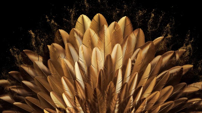 Golden, Peacock feathers, Vibrant, Golden yellow, Oppo Find N, Stock, Elegant, Pattern, Black background, Wallpaper