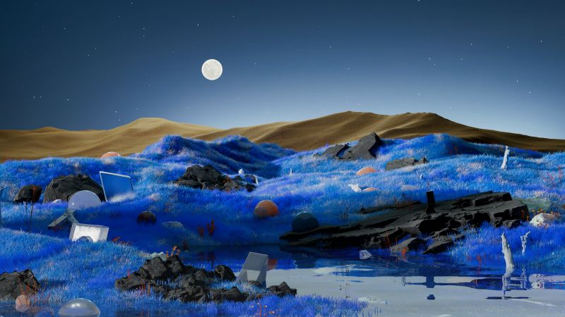 Dreamlike, Landscape, Surrealism, Full moon, Blue aesthetic, Wallpaper