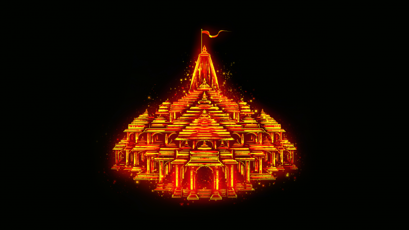 Ayodhya Ram Mandir, Temple, Glowing, Hinduism, Hindu God, Black background, 5K, AMOLED, Jai Shri Ram, Digital Art, Wallpaper