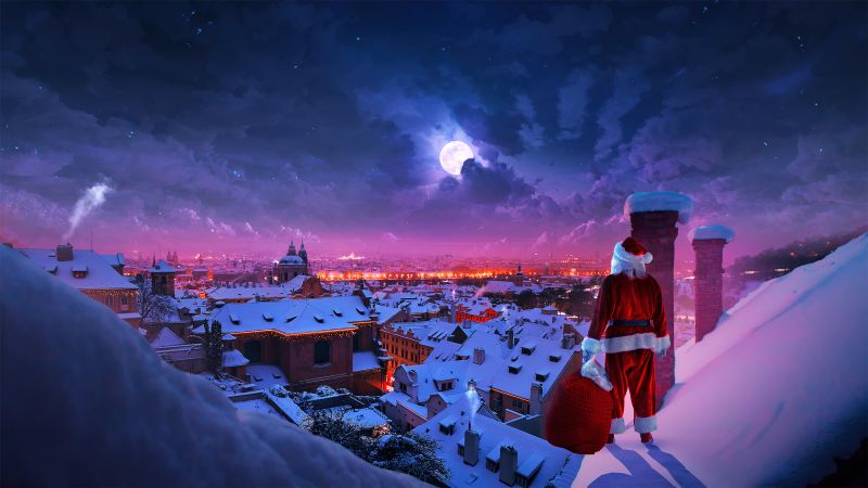 Santa Claus, Christmas Eve, Full moon, Winter, Rooftop, Aesthetic Christmas, Wallpaper