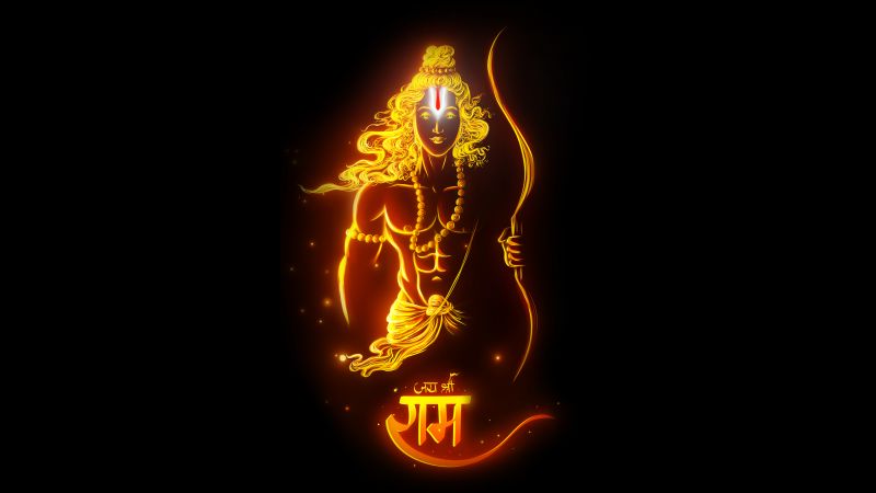 Jai Shri Ram, Hindu God, 8K, Lord Rama, Glowing, Hinduism, Black background, 5K, AMOLED, Digital Art, Wallpaper