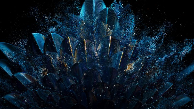 Vibrant, Fold phone, Peacock feathers, Blue aesthetic, Blue abstract, 5K, 8K, Oppo Find N, Stock, Elegant, Pattern, Black background, Wallpaper