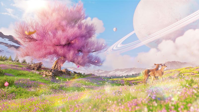Magical, Landscape, Saturn, Surreal, Deer, Timeless, Solitude, Harmony, Peaceful, Spring, Pink aesthetic, Lone tree, Wallpaper