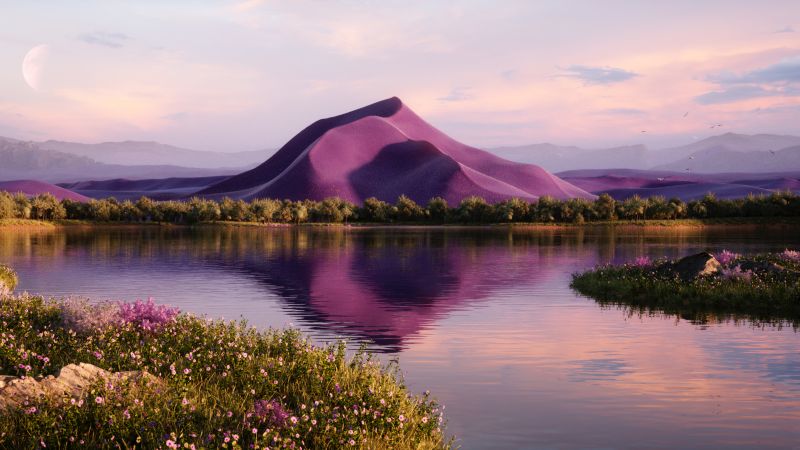 Majestic, Landscape, Ultrawide, Purple aesthetic, Vibrant, Lake, Mountain, Wallpaper