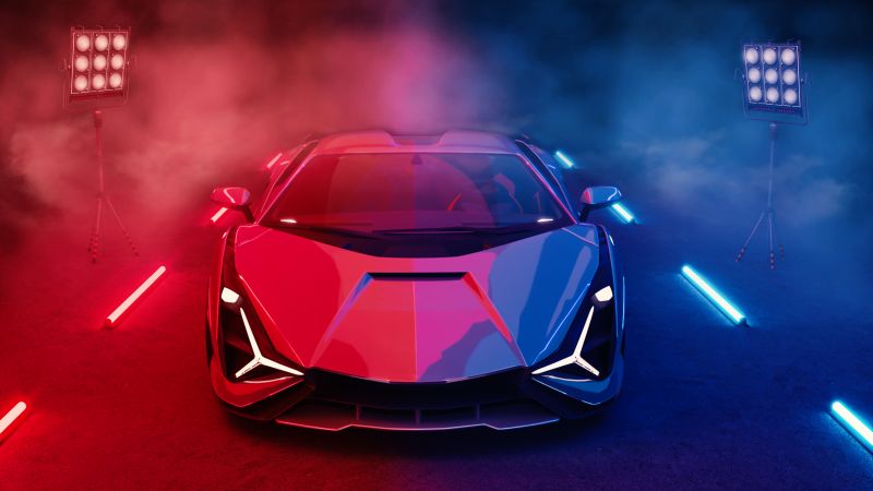 Lamborghini Sián FKP 37, Neon Lights, Smoke, Colorful, Wallpaper