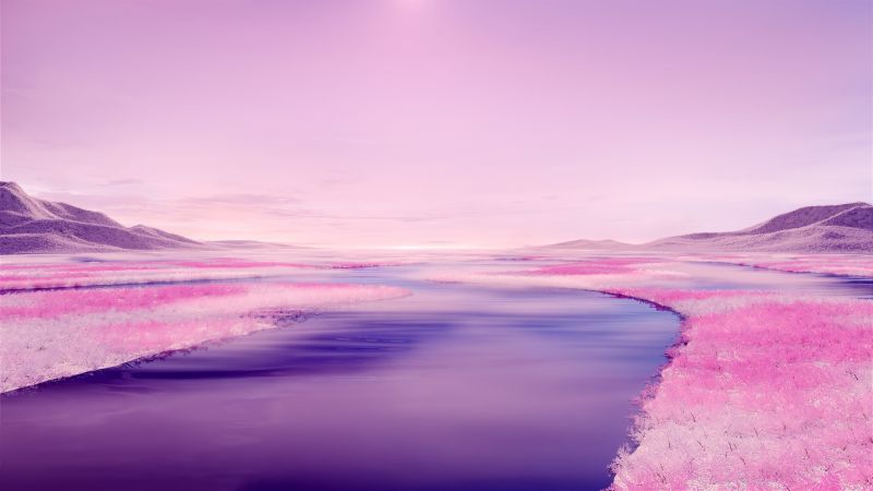 Pink aesthetic, River, Surreal, Landscape, Pink sky, Wallpaper