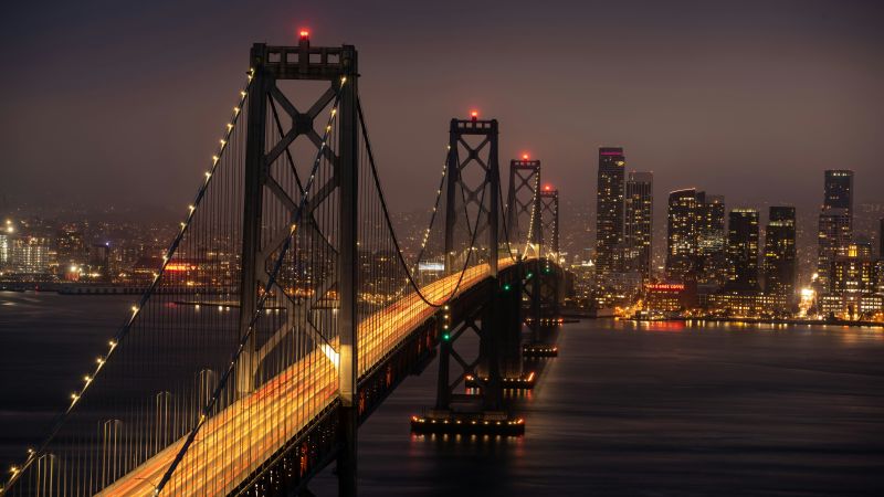 San Francisco-Oakland Bay Bridge, California, City night, Night illumination, 5K, 8K, Wallpaper