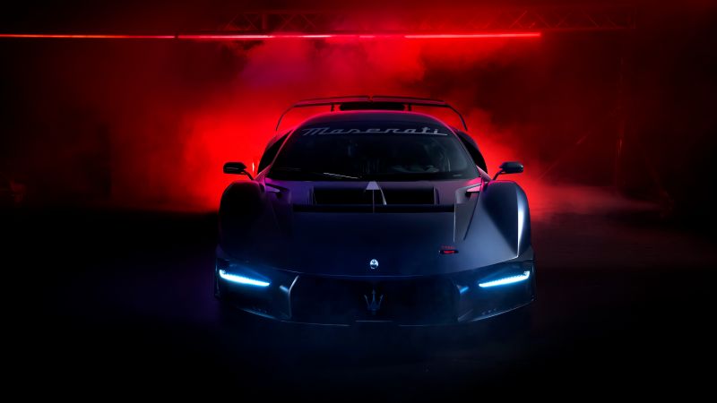 Maserati MCXtrema, Track cars, Race cars, 5K, Red background, Dark theme, Wallpaper