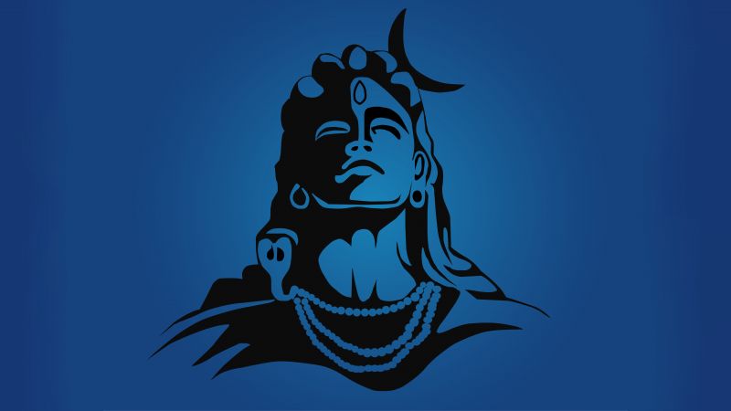 Lord Shiva, Minimalist, Parameshwara, Mahadev, Hindu God, Parashiva, Blue background, Third eye, 5K, 8K, Crescent Moon, Hinduism, Wallpaper