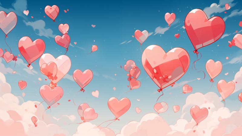 Flying, Love hearts, Heart balloon, AI art, 5K, Wallpaper