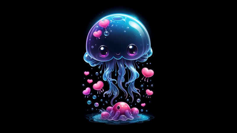 Jellyfish, Cute art, Love hearts, Kawaii, Black background, AMOLED, Wallpaper