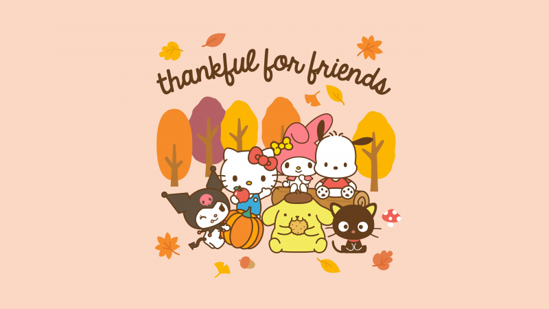 Thankful, Friends, Sanrio, Hello Kitty, Pochacco, Kuromi, Chococat, My Melody, Pompompurin, Cute cartoon, Autumn, Pastel background, 5K, Wallpaper