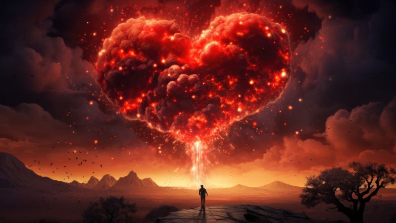 Love heart, Surreal, Explosion, Dreamlike, Silhouette, 5K, Wallpaper