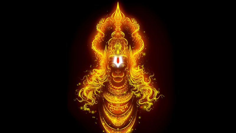 Lord Hanuman, Glowing, Bajrangbali, Hindu God, Anjaneya, 5K, Black background, AMOLED