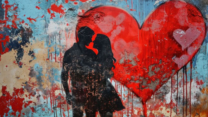 Love couple, Romantic, Valentine, Love heart, Red heart, Illustration, Wall, 5K, Wallpaper