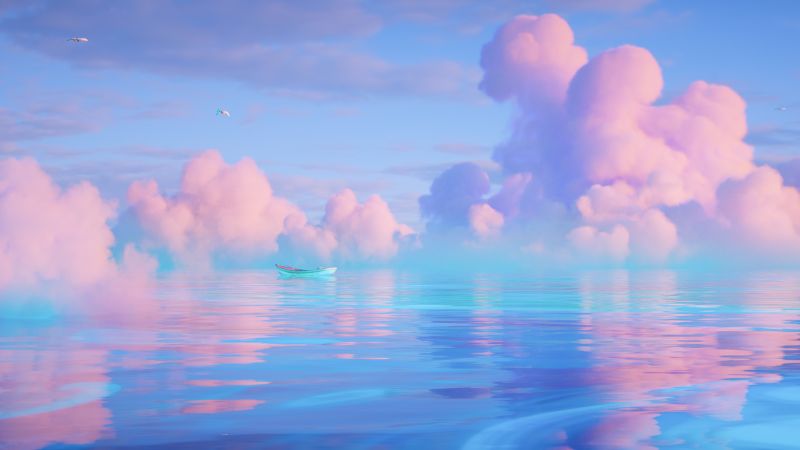 Ocean, Ultrawide, Boat, Surreal, Cloudy Sky, Blue aesthetic, Serene, Wallpaper