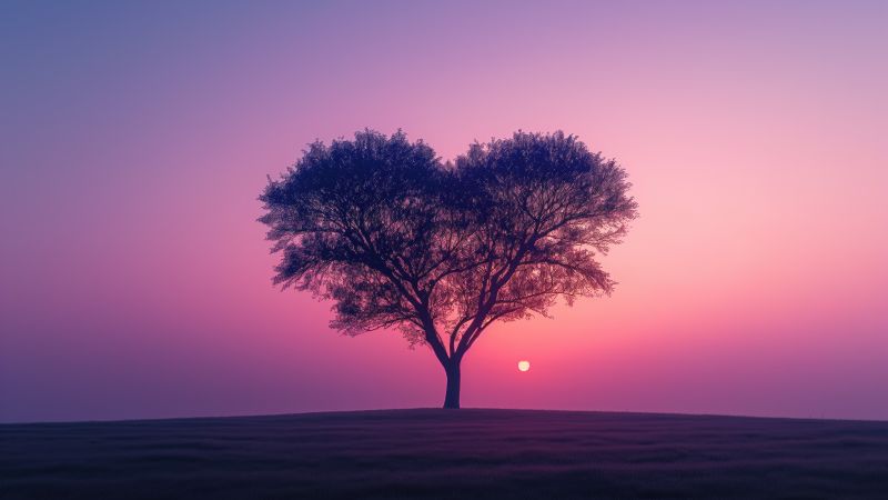 Love heart, Tree, Sunset, Aesthetic, Landscape, Pink sky, Wallpaper