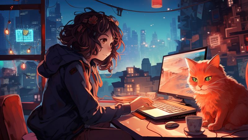 Lofi girl, Working, Night, 5K, Anime girl, Wallpaper