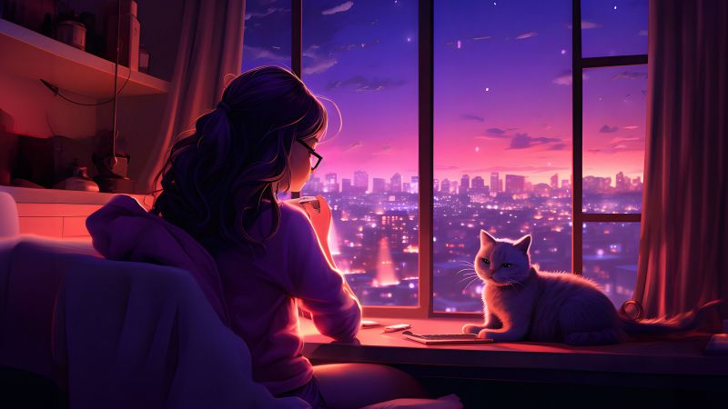 Lofi girl, Cozy, Cat, Window, Alone, Aesthetic, Wallpaper