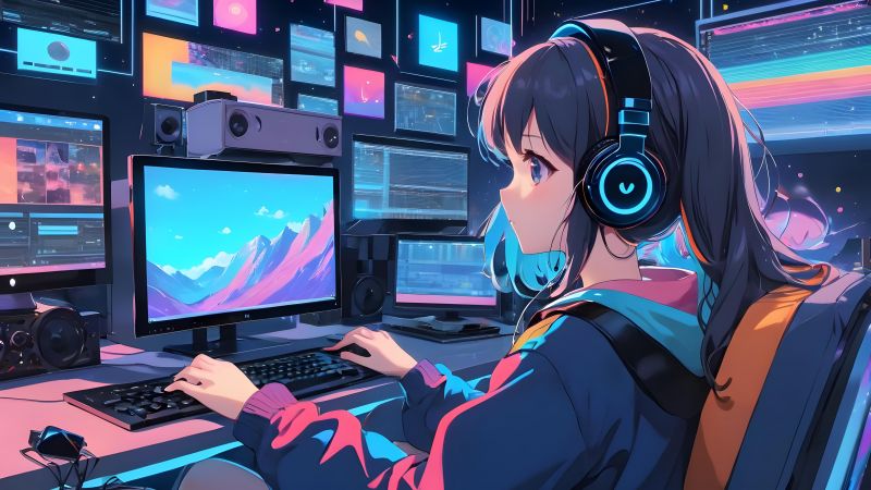 Anime girl, Working, Lofi girl, 5K, AI art, Headphones, Wallpaper