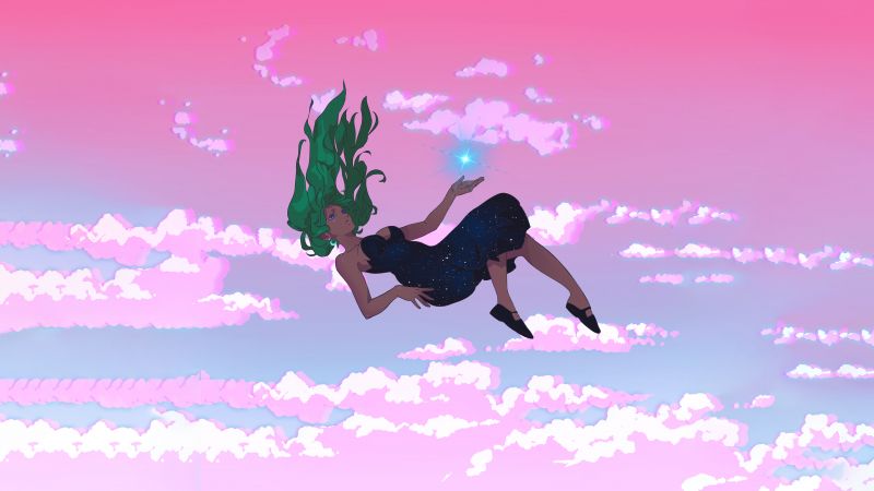 Lofi girl, Falling, Dreamy, Magical, 5K, Pink sky, Wallpaper