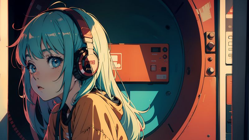 Anime girl, Lofi, Listening music, Headphones, Wallpaper