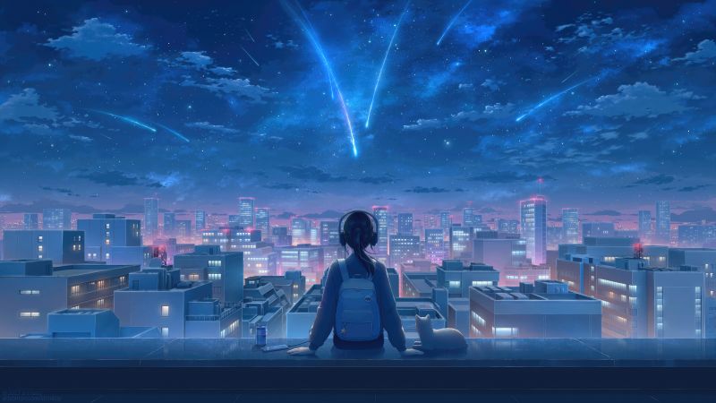 Your Name, Anime girl, Mitsuha Miyamizu, Lofi, Kimi no Na wa, Comet Tiamat, Celestial, Shooting stars, Wallpaper