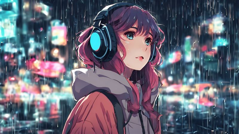 Lofi girl, AI art, Listening music, Headphones, 5K, Raining, Wallpaper