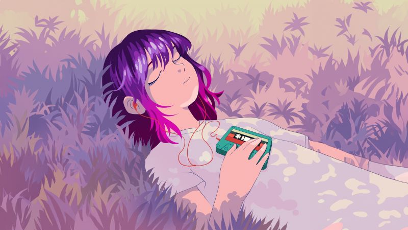 Lofi girl, Listening music, 5K, Lying down, Purple aesthetic, Wallpaper