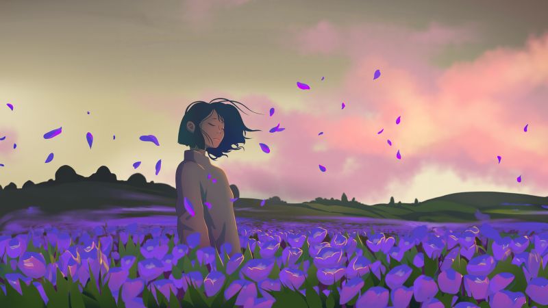 Lofi girl, Lavender fields, 5K, Purple aesthetic, Wallpaper