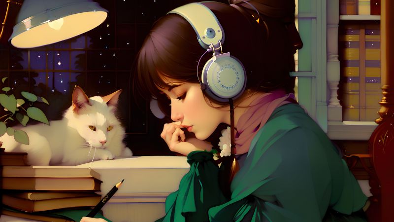 Lofi girl, Headphones, Listening music, Cat, Alone, 5K, Cozy, Wallpaper