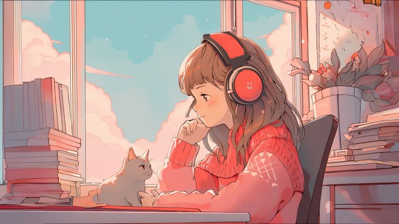 Lofi, Anime girl, AI art, Alone, Cat, Wallpaper
