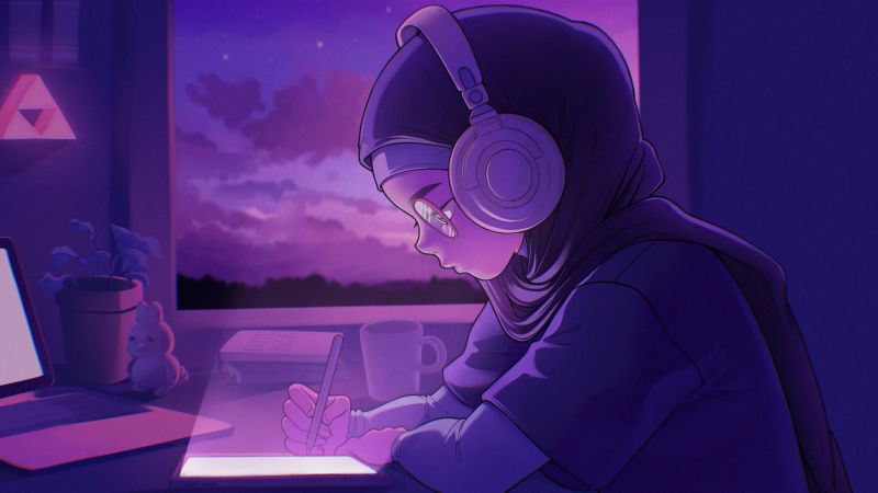 Lofi girl, Listening music, Purple aesthetic, Night, 5K, Headphones