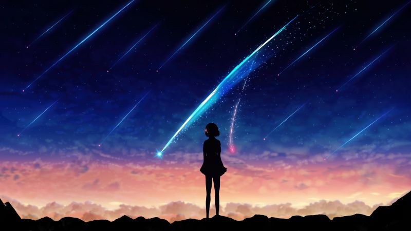 Mitsuha Miyamizu, Silhouette, Lofi, Your Name, Kimi no Na wa, 5K, Comet Tiamat, Celestial, Shooting stars, Wallpaper