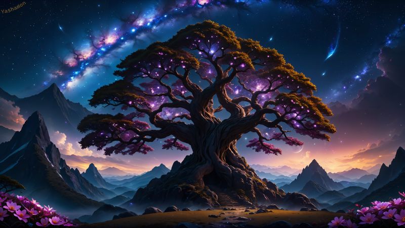 Mysterious, Tree, AI art, Mystic, Beautiful Sky, Purple leaves, Aesthetic