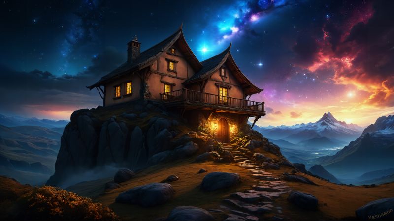 Wooden House, Mountain Peak, Surreal, Dreamlike, Wallpaper