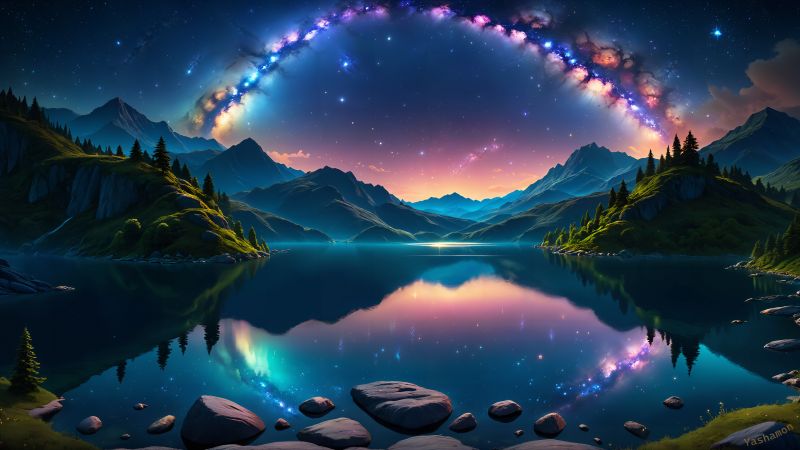 Mirror Lake, Dreamlike, Rainbow, Surreal, AI art, Wallpaper