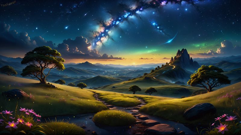 Starry sky, Landscape, Dreamlike, Surreal, AI art, Dawn, Wallpaper