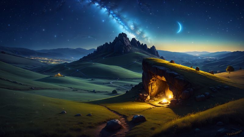 Cave, Night, Landscape, Starry sky, Wallpaper