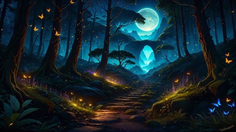 Magical forest, Night, Butterflies, Moon, Glowing, Tall Trees, Stones, Pathway, AI art, Wallpaper