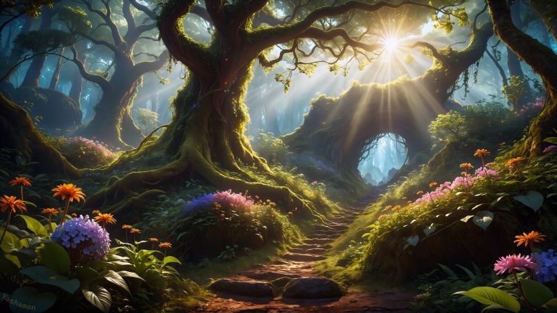 Mystical Forest, Path, Sunlight, AI art, Surrealism, Wallpaper