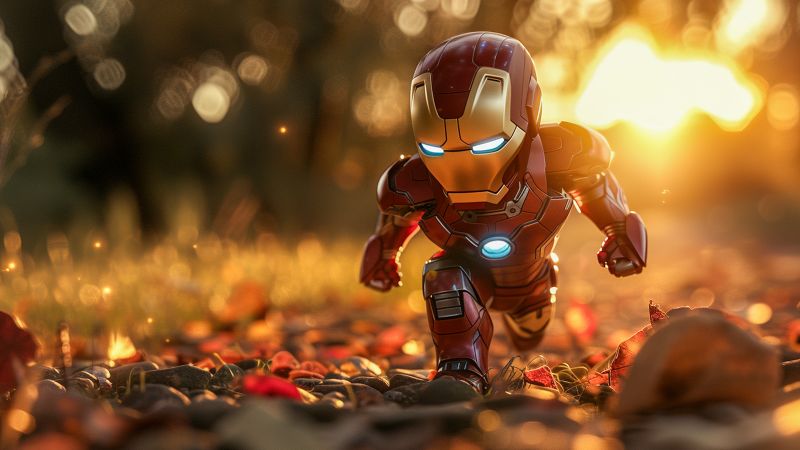 Iron Man, Chibi, AI art, Bokeh Background, Autumn background, Wallpaper