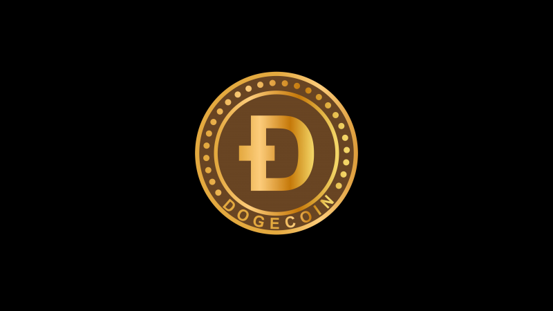 Dogecoin, Black background, Logo, Cryptocurrency, Golden, 5K, Wallpaper