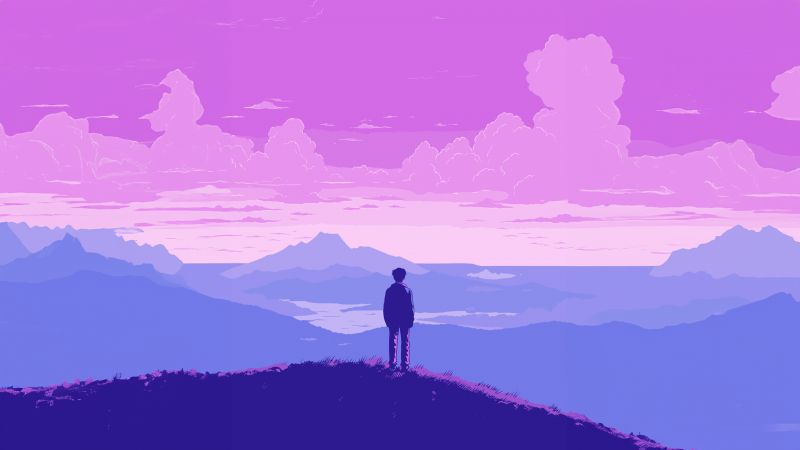 Lofi boy, Landscape, Pixel art, Purple sky, Retro style, Silhouette, Wallpaper