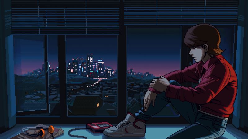 Lofi boy, Pixel art, Retro style, City Skyline, Night, Window, Wallpaper