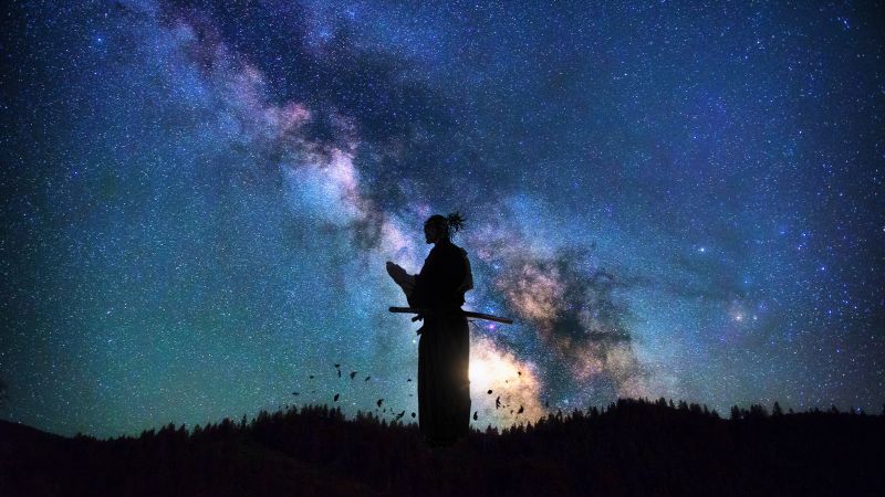 Miyamoto Musashi, Silhouette, 5K, Vagabond, Milky Way, Wallpaper