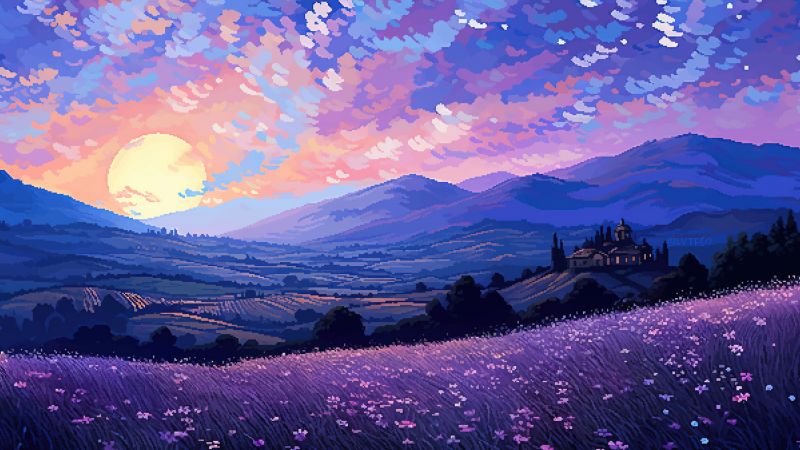 Tuscany, Pixel art, Sunset, Lavender fields, Italy, Landscape, Retro style, Pixel background, Wallpaper