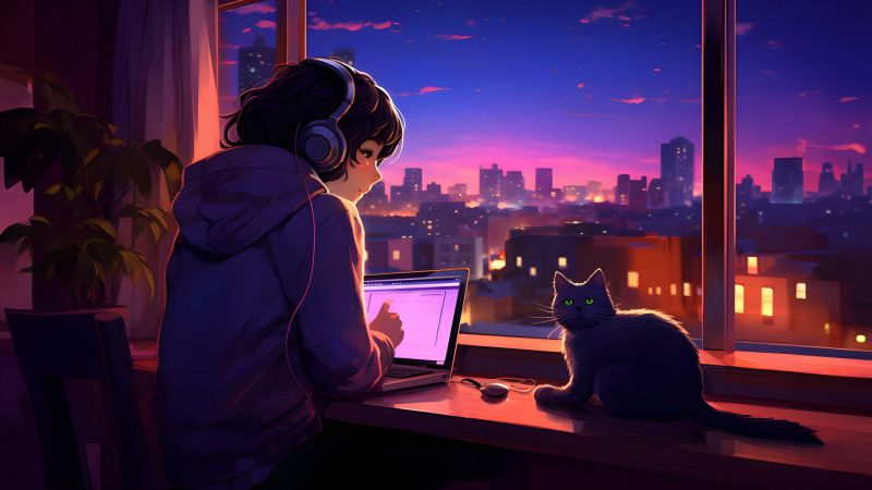 Lofi girl, Night, Cat, Window, City lights, Listening music, Wallpaper