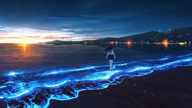 Bioluminescence, Anime girl, Alone, Sunset, Beach, Ocean, 5K, Wallpaper