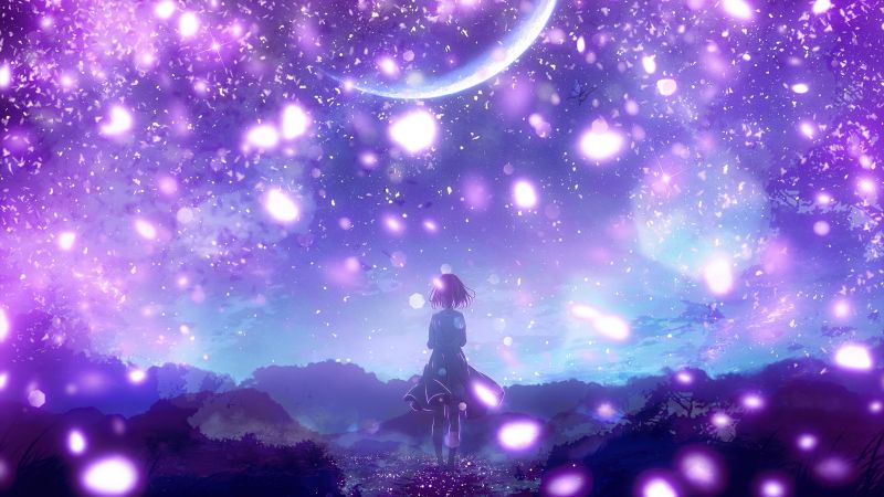 Anime girl, Purple aesthetic, Crescent Moon, Dreamlike, Surrealism, Purple sky, Mood, Lonely, 5K, Shuu Illust